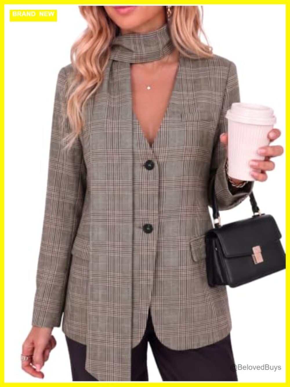 Womens Plaid Casual Blazer V Neck Button Down Suit Jacket